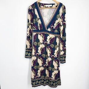 Trina Turk Multicolor Floral Long Sleeve Dress size 8 Purple Faux Wrap V-Neck